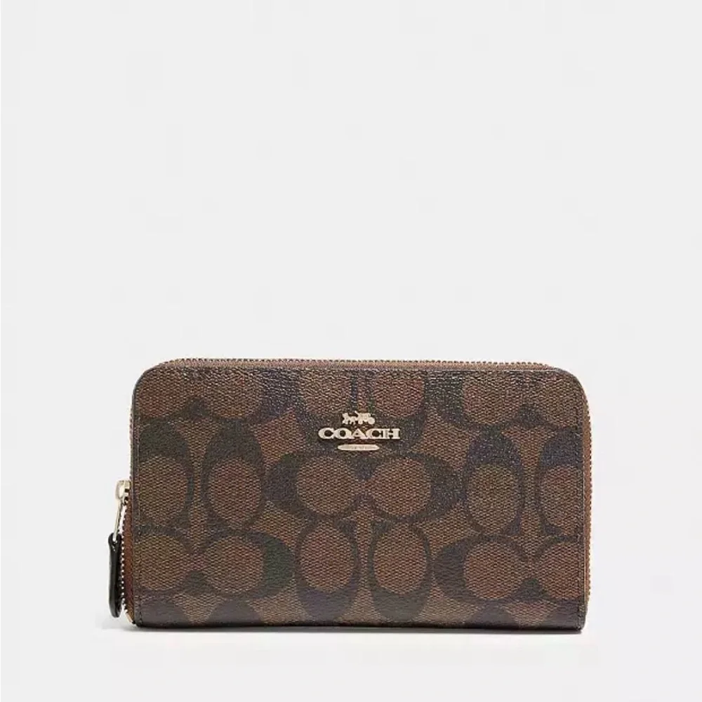 Coach Brown Signature Zip Wallet with Gold Hardware